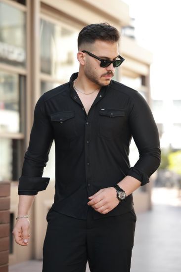 Erkek çift Cepli çıtçıt Düğmeli Uzun Kollu Gömlek resmi